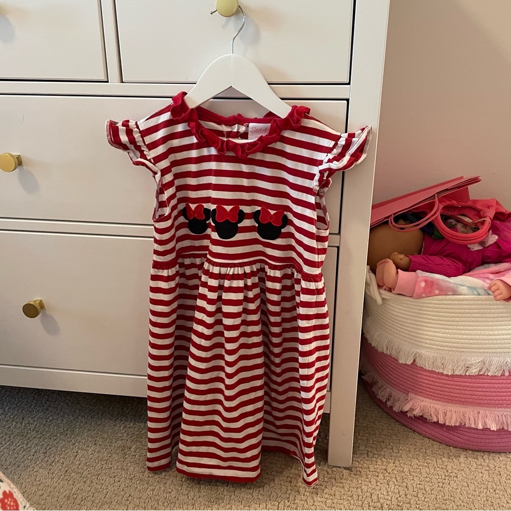Red & White Striped Girls' Casual Dress with Character Trim